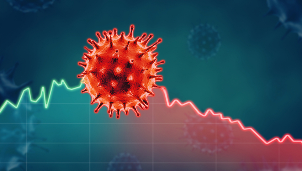 a covid 19 virus with charts on its background
